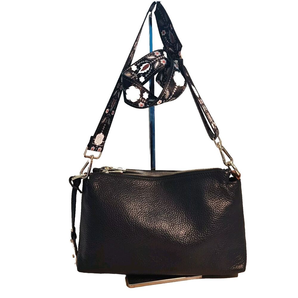 Valentina Black Pebbled Leather Shoulder Bag Purse Crossbody Made in Italy